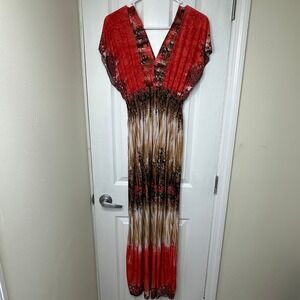 Romantic SiNi Womens XXL Red Brown Animal Print Smocked Waist V-Neck Maxi Dress